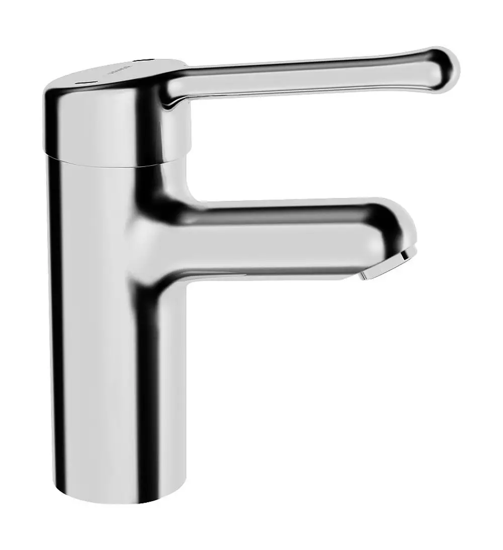 Einhebelmischer in chrom, mit langer Bedieneinheit und Ausladung, geeignet für den Waschtisch, hergestellt von HANSA.